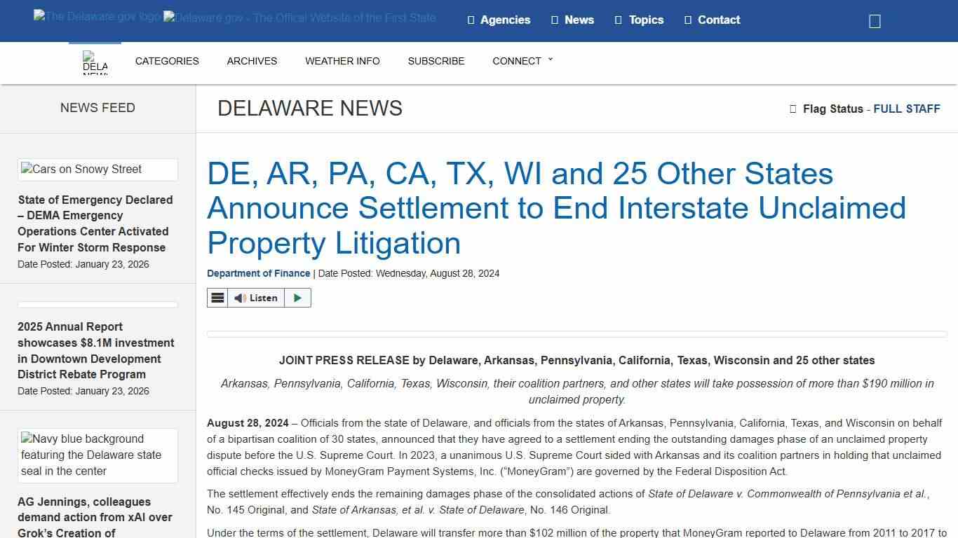 DE, AR, PA, CA, TX, WI and 25 Other States Announce Settlement to End Interstate Unclaimed Property Litigation - State of Delaware News