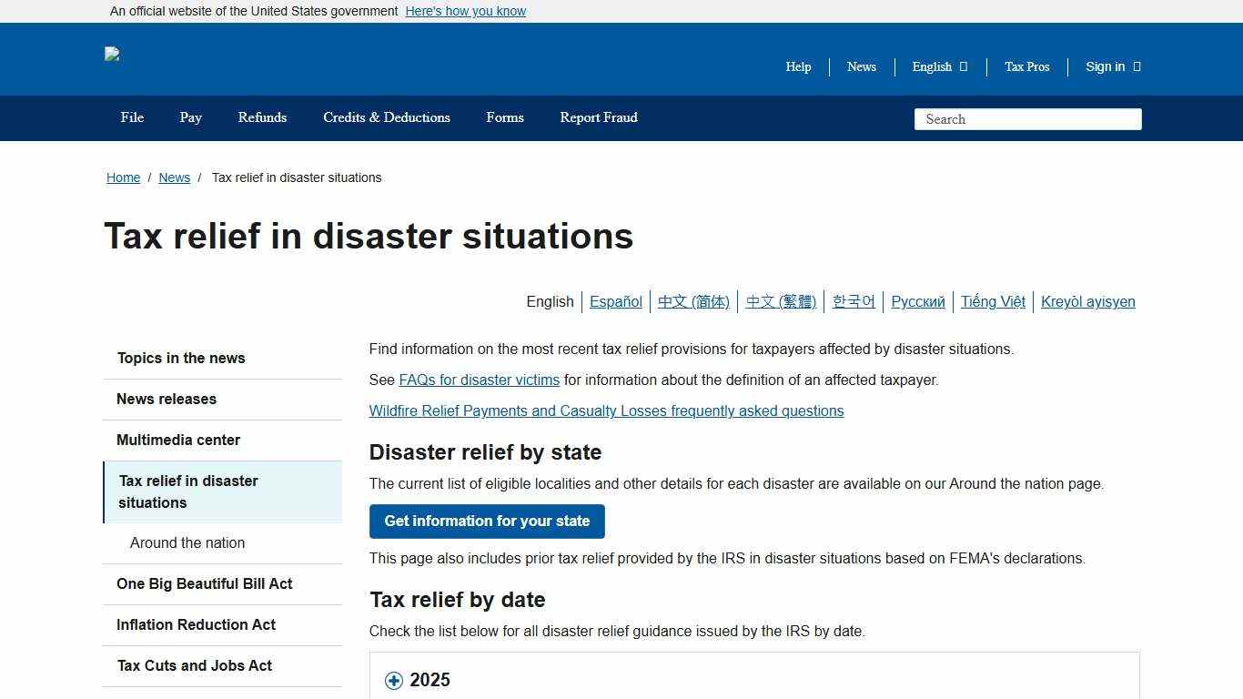 Tax relief in disaster situations Internal Revenue Service